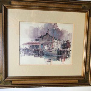 Old village water front scene framed print wall art home decor